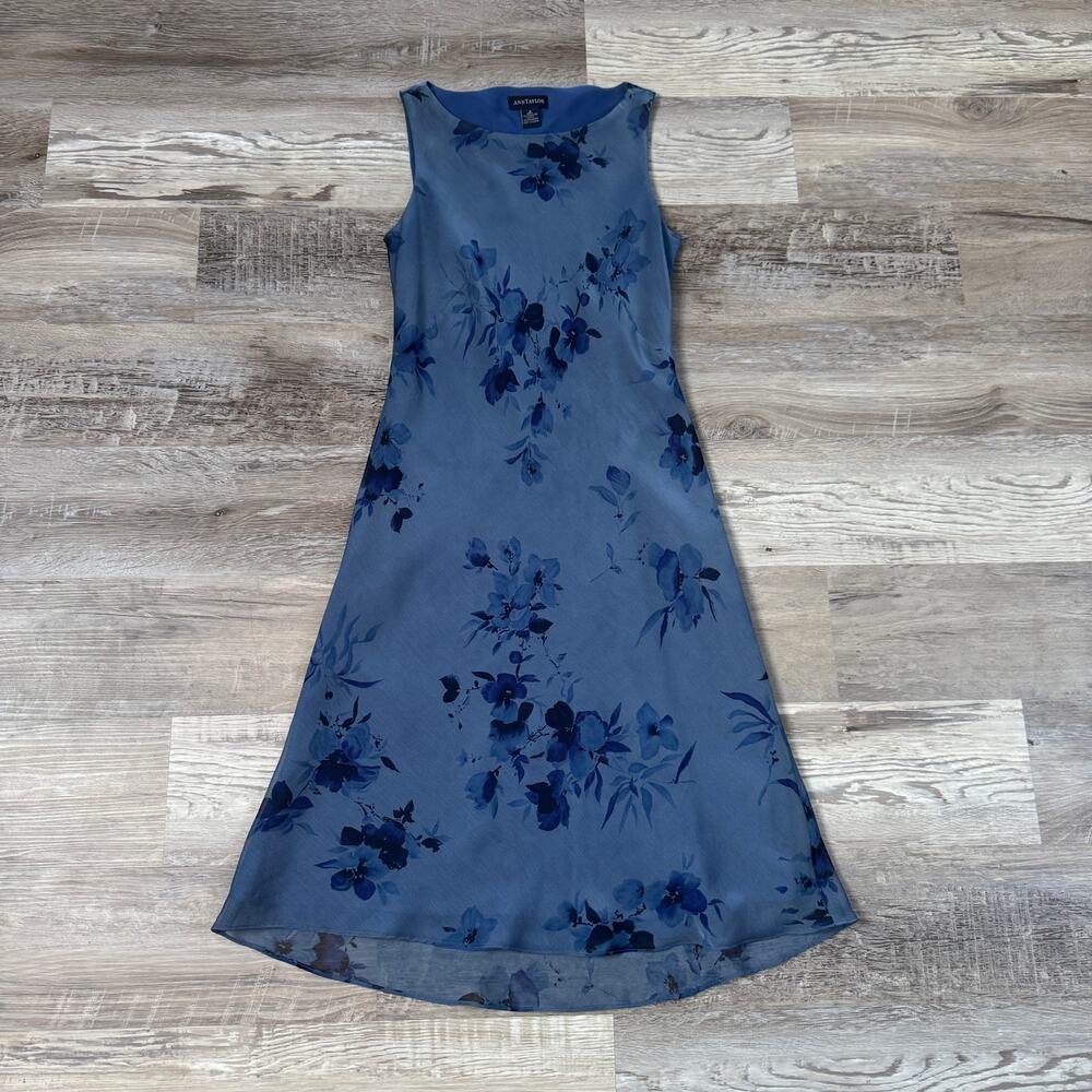 Vintage 90s Ann Taylor Blue Floral Chiffon Midi Dress Made in Korea Size 2